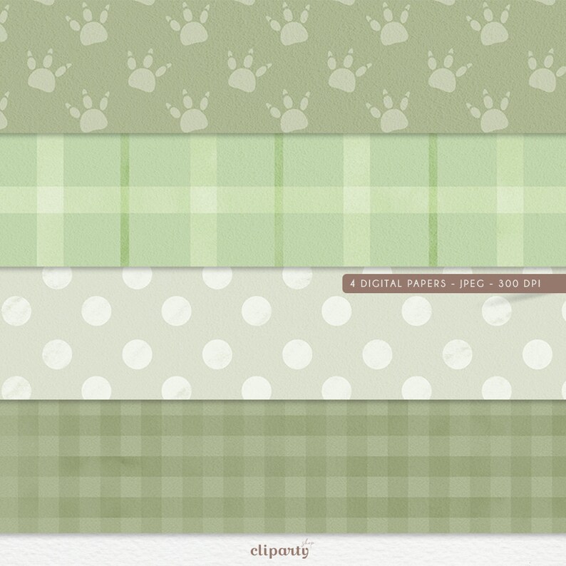 May include: Four digital papers in a green color scheme. The first paper has a pattern of paw prints. The second paper has a green and white plaid pattern. The third paper has a white polka dot pattern on a green background. The fourth paper has a green and white plaid pattern.