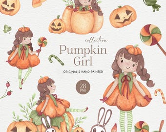 Pumpkin Girl Clipart, Cute Halloween Watercolor, Jack-o'-lantern PNG for commercial use, Spooky Graphics, Fall Clipart