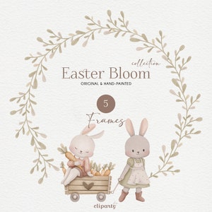 Easter Spring Watercolor Frames and Wreaths, Clipart for commercial use, Bunny theme invitation design, Nursery Bunny Spring decoration