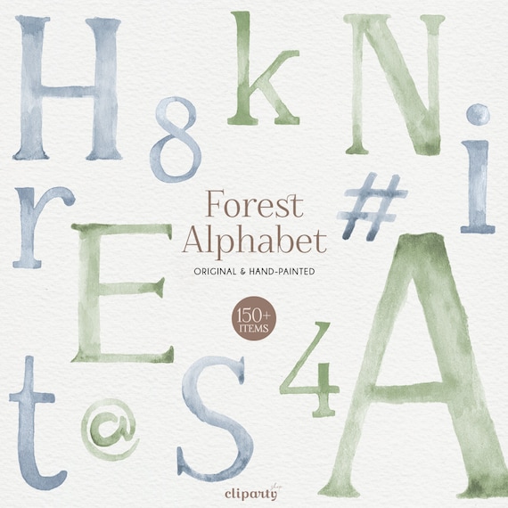 Watercolor Alphabet Clipart, Sage Green and Dust Blue designs for Baby Shower, Letter clipart, Cute watercolor alphabet, Invitation design