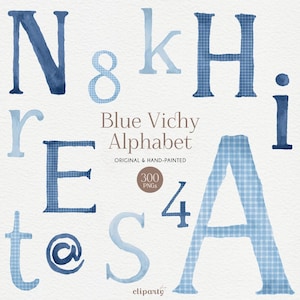 Watercolor Blue Vichy Alphabet Clipart, Gingham Pastel colors Letters, Cute watercolor alphabet for Baby shower Invitation design