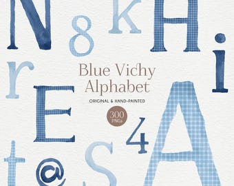 Watercolor Blue Vichy Alphabet Clipart, Gingham Pastel colors Letters, Cute watercolor alphabet for Baby shower Invitation design