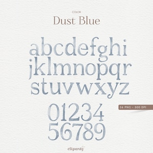 May include: Watercolour alphabet and numbers in a dusty blue colour. The letters and numbers are in a simple, classic font. There are 36 PNG files included, each at 300 DPI.