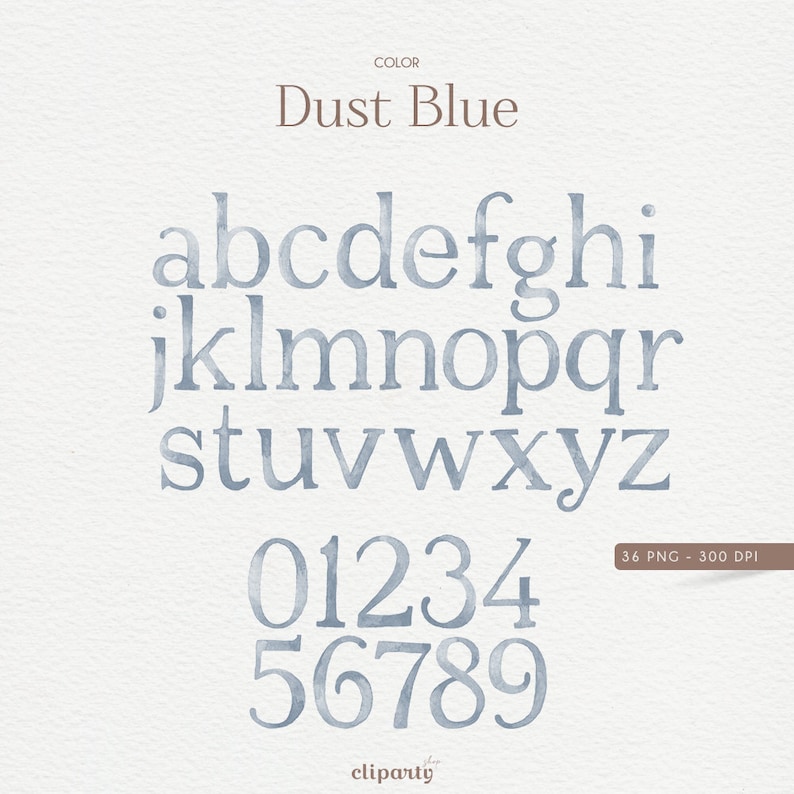 May include: Watercolour alphabet and numbers in a dusty blue colour. The letters and numbers are in a simple, classic font. There are 36 PNG files included, each at 300 DPI.
