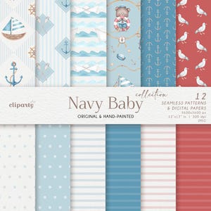 Baby Sailor Pattern, Nautical Nursery Scrapbook Digital Papers, Navy Seamless Patterns, Sailor Graphics, Digital Background, Printable Paper