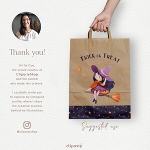 May include: A brown paper bag with a cute illustration of a witch flying on a broomstick. The bag has the text "Trick or Treat" printed on it. The bag is perfect for Halloween treats.