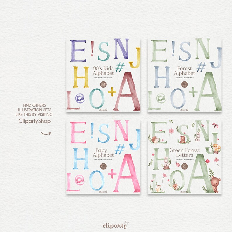 May include: Four watercolor alphabet sets with different themes: 90's Kids, Forest, Baby, and Green Forest Letters. Each set includes the letters E, I, S, N, J, H, L, O, and A. The letters are in various colors and styles, with some featuring small illustrations.