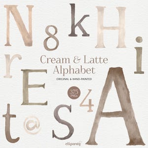 Watercolor Beige Alphabet Clipart, Coffee Pastel colors Letters, Cute watercolor alphabet for Invitation design, Supplies for Commercial use