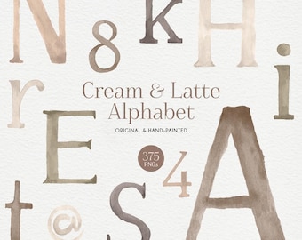 Watercolor Beige Alphabet Clipart, Coffee Pastel colors Letters, Cute watercolor alphabet for Invitation design, Supplies for Commercial use