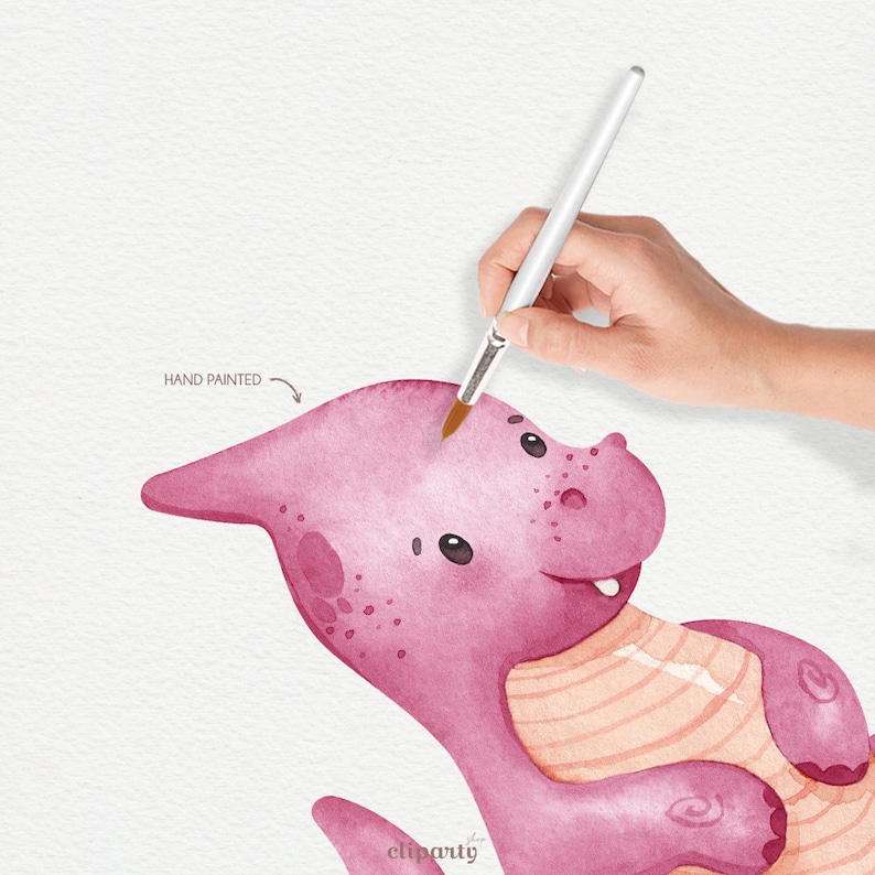 May include: Hand-painted watercolor illustration of a pink dragon with a striped belly. The dragon is smiling and has a friendly expression. The illustration is labeled "Hand Painted" in the top left corner.