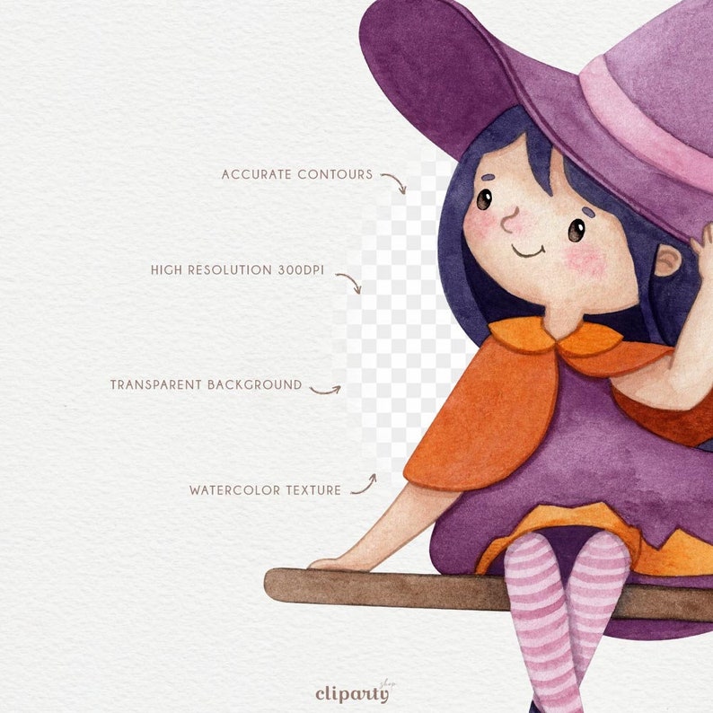 May include: A watercolor illustration of a witch sitting on a broomstick. She is wearing a purple dress, orange cape, and a purple and pink hat. Her hair is dark blue and she has a happy expression on her face.
