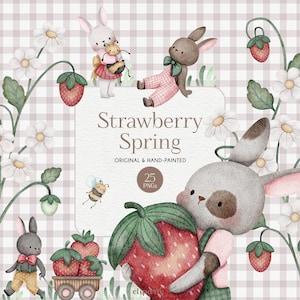 Lindo conejito de Pascua, ilustraciones de acuarela de primavera con fresas, PNG para baby shower, patrón Vichy, arte pintado a mano, diseño de tarjetas