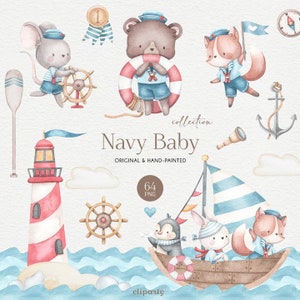 Baby Sailor Clipart, Nautical Nursery Clip Art, Navy First Birthday, Saylor PNG, Boy Baby Shower, Watercolor Clipart for commercial use