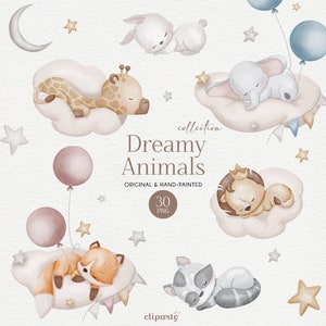 Baby Animals Sleeping Watercolor Clipart for commercial use, Cute Dreaming babies theme, Nursery and birthday invitation design, Newborn PNG