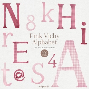 Watercolor Pink Vichy Alphabet Clipart, Gingham Pastel colors Letters, Cute watercolor alphabet for Invitation design, Commercial use