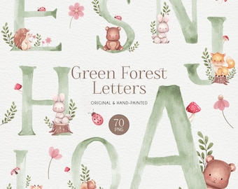 Woodland Alphabet Watercolor Clipart, Animal Letter clipart, Cute watercolor alphabet for Invitation design, Craft Supplies, Commercial use