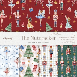 Padrão de quebra-nozes, papéis digitais para aquarela, padrão de pacote de Natal, download digital, cartão de scrapbook de Natal, gráficos de contos de fadas