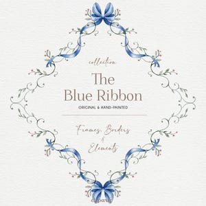 Watercolor Frame Clipart, Blue Ribbon Invitation border clip art, Wedding designs PNG, Botanical Floral design, Digital download, Hand-drawn
