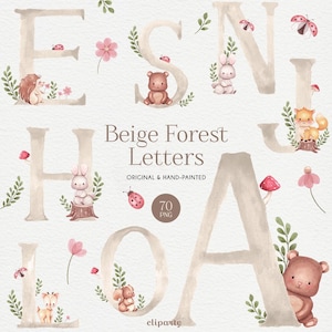 Woodland Alphabet Neutral Watercolor Clipart, Animal Letter clipart, Cute Watercolor Beige alphabet for Invitation design, Craft Supplies