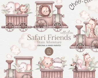 Safari animals Train clipart, Safari baby shower, Safari Nursery decor, Safari invitation clipart, Jungle animals clipart