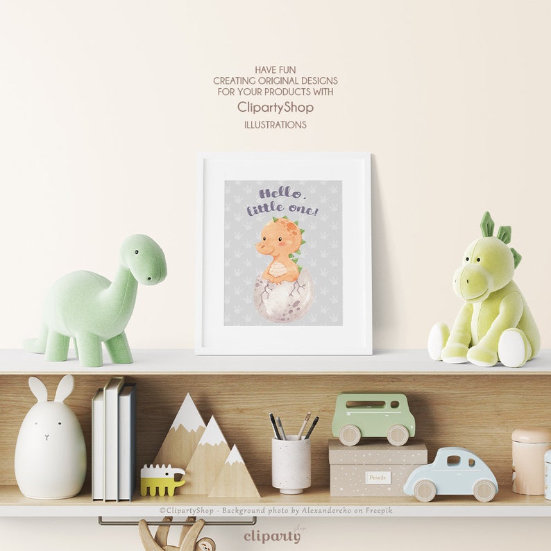 May include: A printable nursery art print featuring a cute cartoon dinosaur hatching from an egg. The dinosaur is orange with green spikes and a purple mouth. The text on the print reads "Hello, little one!"