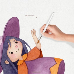 May include: A watercolor illustration of a witch with purple hat and orange dress, waving with her right arm. The illustration is hand-painted and has a whimsical style.