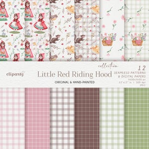 Little Red Riding Hood Pattern, Cute Fairy Tale Scrapbook Papers, Watercolor Seamless Patterns, Woodland Graphics, Digital Background Papers