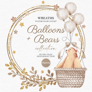 Teddy Bear Balloon Watercolor Clipart Wreath, Baby shower graphics, Gender reveal designs, Bear Nursery decor, Bear invitation clipart