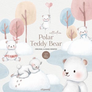 Polar Bear Clipart, Teddy Bear Watercolor Clipart, Nursery clipart, Winter animal Watercolor Clipart, Gender reveal clipart, PNG Polar Bear