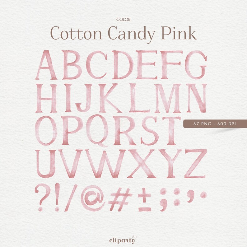 May include: A watercolor alphabet in a cotton candy pink color. The letters are uppercase and include punctuation marks. The image is labeled "Cotton Candy Pink" and "37 PNG - 300 DPI".
