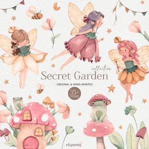 Clipart de aquarela de fada de jardim, floresta encantada, fada mágica, fadas das flores, conto de fadas, clipart de berçário, clipart de era uma vez, PNG