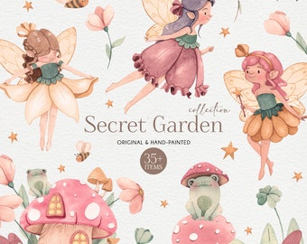 May include: A watercolor illustration set featuring fairies, mushrooms, frogs, and flowers. The set is titled "Secret Garden" and includes 35+ original hand-painted items.