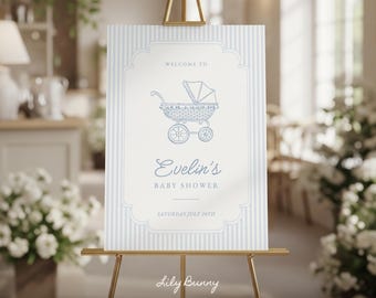 Modello di cartello di benvenuto blu, cartello stampabile per baby shower, cancelleria per neonati modificabile su Canva, estetica vintage cottagecore - P01