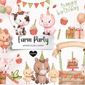 Farm Birthday Clipart, Watercolor Clipart for commercial use, Farm theme birthday, Farm invitation design, Farm Party decoration, PNG