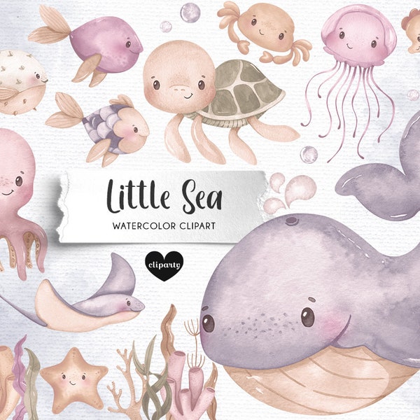 Kleines Meer Aquarell Clipart Set - Ozean Baby Tiere in sanften Pastellfarben für Baby Stoffe, Muster und Designs - Instant Download