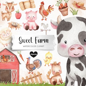 Baby Farm Animals Watercolor Clipart for commercial use, Farm theme birthday, Farm invitation design, Nursery farm decoration