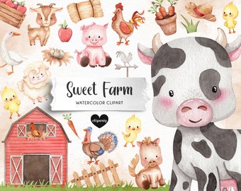 Cute Farm Clipart, Handpainted Watercolor Farm Life, Cottage Clipart, Baby Animals Illustrations, Cute Cow, Cute Pig, Barn Clipart, PNG