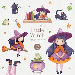 Halloween Clipart, Watercolor Cute Witch, PNG for commercial use, Spooky Graphics, Fall Clipart