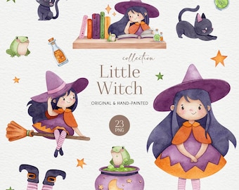 Halloween Clipart, Watercolor Cute Witch, PNG for commercial use, Spooky Graphics, Fall Clipart