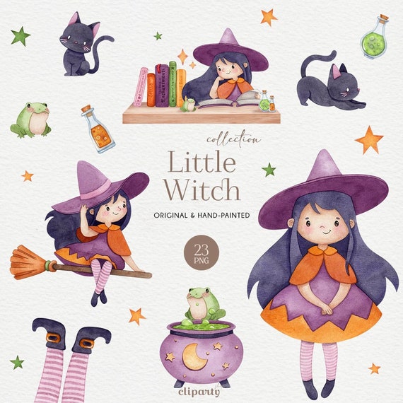 Halloween Clipart, Watercolor Cute Witch, PNG for commercial use, Spooky Graphics, Fall Clipart