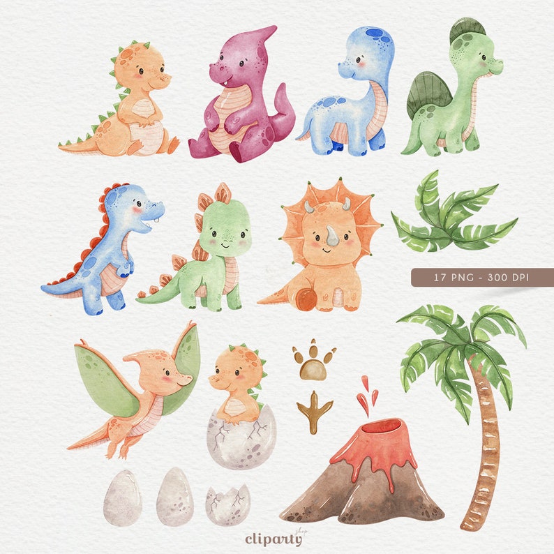 May include: A set of 17 watercolor illustrations featuring cute dinosaurs in various poses. The dinosaurs are in shades of green, blue, orange, pink, and brown. The set also includes a volcano, palm tree, and other elements.