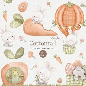 Watercolor Easter Clipart Pastel Colors Spring Bunny clipart set for invitation design, Easter Basket and cute Bunnies, PNG Digital download