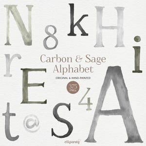 Watercolor Gray Alphabet Clipart, Sage Green Pastel Color Letters, Cute watercolor alphabet for Invitation design, Individual PNG Letters