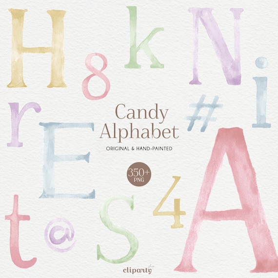 Watercolor Alphabet Clipart, Candy Pastel colors Letters, Cute watercolor alphabet for Invitation design, Craft Supplies for Commercial use