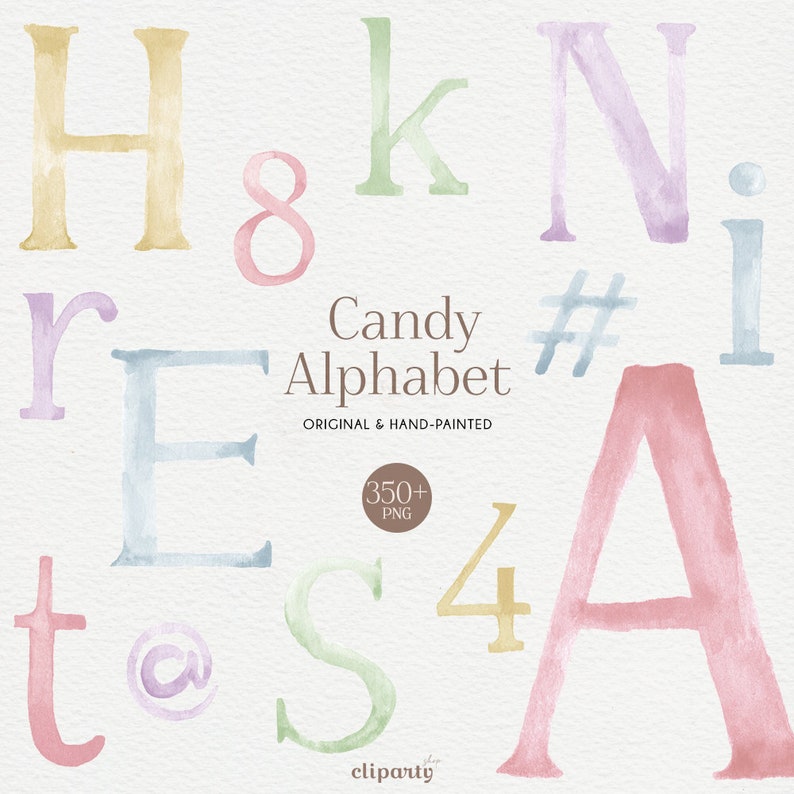 May include: Watercolor alphabet letters and numbers in various pastel colors, including pink, blue, green, and yellow. The letters are hand-painted and have a whimsical, candy-like appearance. The text "Candy Alphabet" is written in brown text with the words "ORIGINAL & HAND-PAINTED" below. The text "350+ PNG" is written in a white circle with a brown outline.