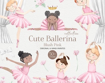 May include: A collection of watercolor illustrations featuring cute ballerinas in pink tutus. The ballerinas are in various poses, including a ballerina with a crown, a ballerina with a bow, and a ballerina with her arms raised. The illustrations are set against a white background with pink flowers.