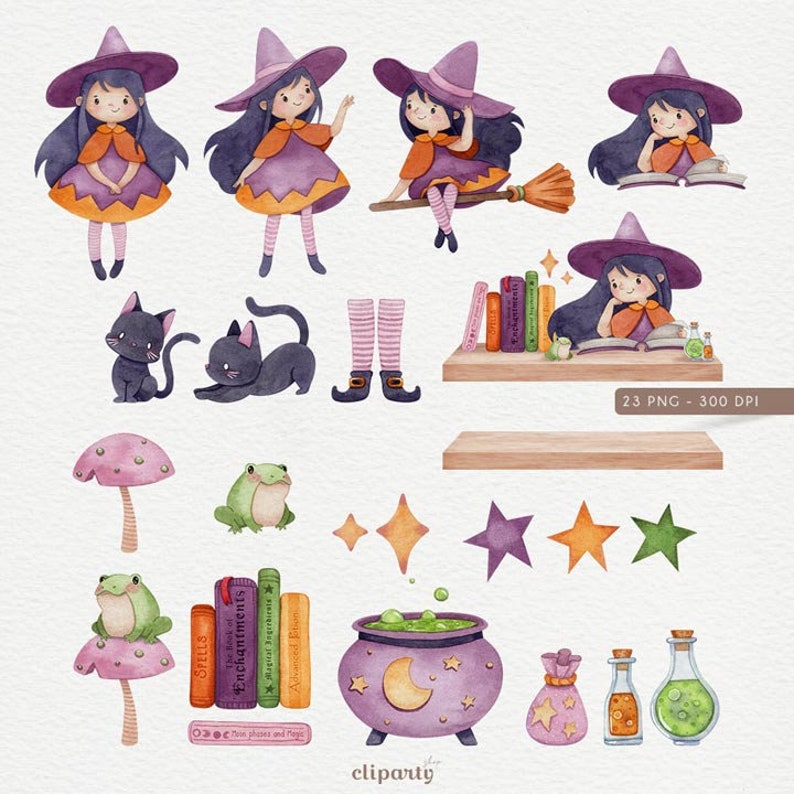 May include: A set of watercolor illustrations featuring a witch, a black cat, a frog, a cauldron, a shelf with books, a mushroom, stars, and potion bottles. The illustrations are in a whimsical style and are perfect for Halloween crafts and projects.