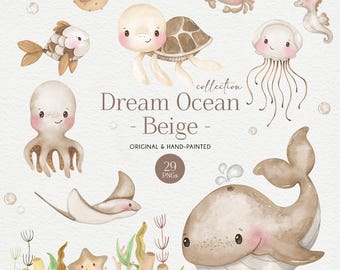 Ocean Animals Watercolor Clipart, Neutral Color Sea Animals, Beige Watercolor Ocean Clipart, Sea Clipart, Under the Sea theme, Boho Baby