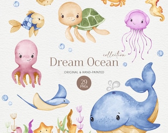 Ocean Animals Clipart, Sea Animals Watercolor Clipart, Watercolor Ocean Clipart, Sea Clipart, Under the sea theme