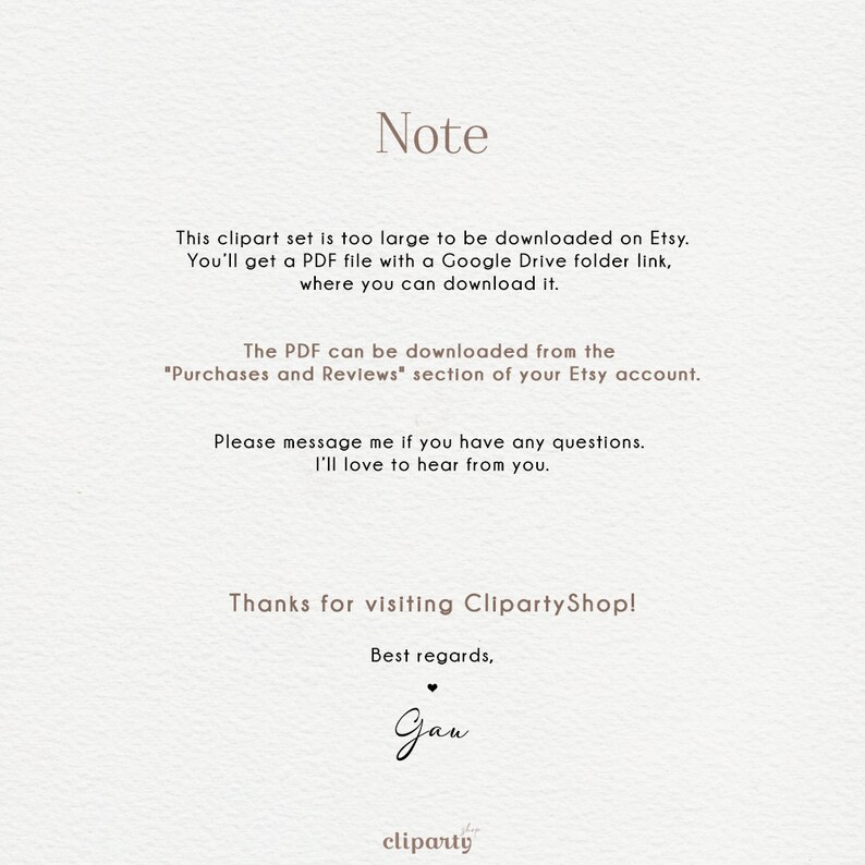May include: Note: This clipart set is too large to be downloaded on Etsy. You'll get a PDF file with a Google Drive folder link, where you can download it. The PDF can be downloaded from the "Purchases and Reviews" section of your Etsy account. Please message me if you have any questions. I'll love to hear from you. Thanks for visiting ClipartyShop! Best regards, Gau